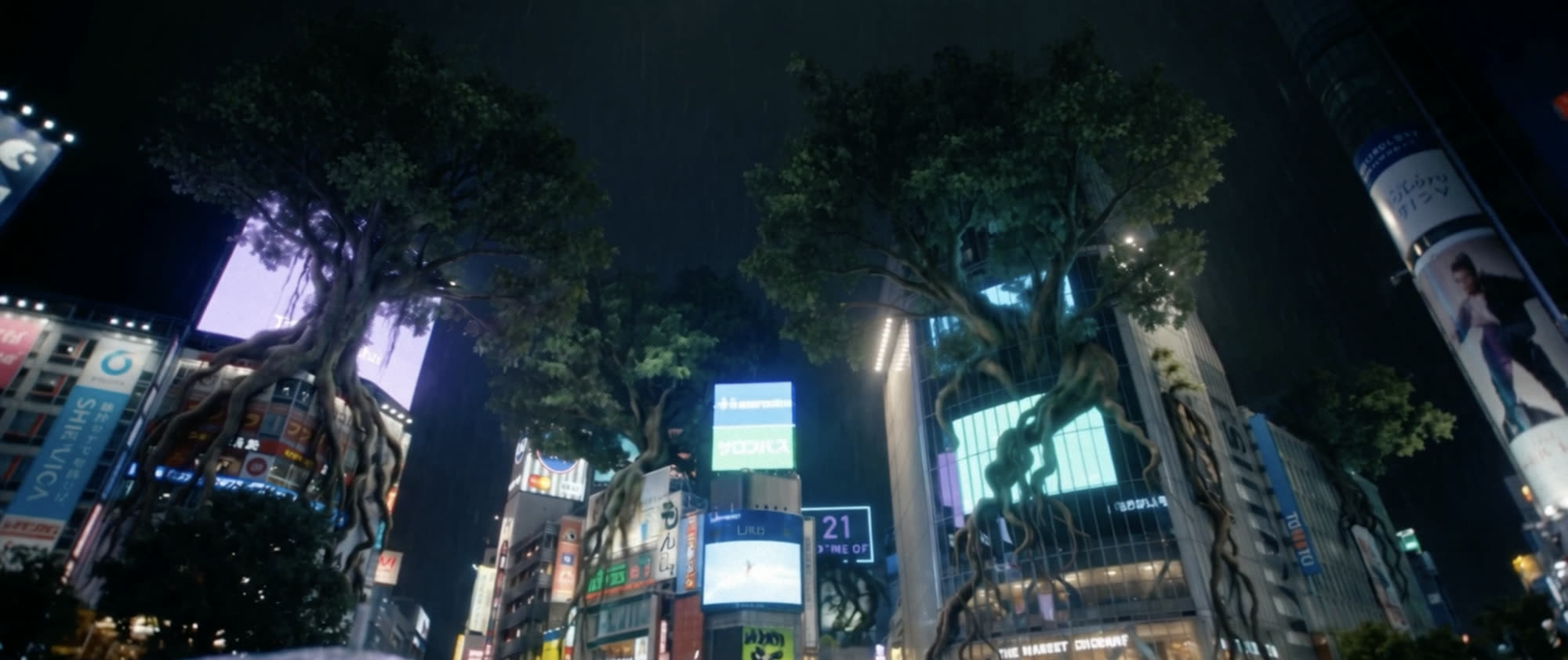 Quest — trees growing through the billboards of a night city