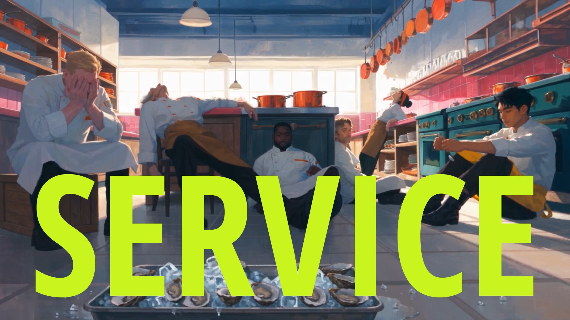 SERVICE — the cooks sitting on the kitchen floor, sunlight breaking into the room