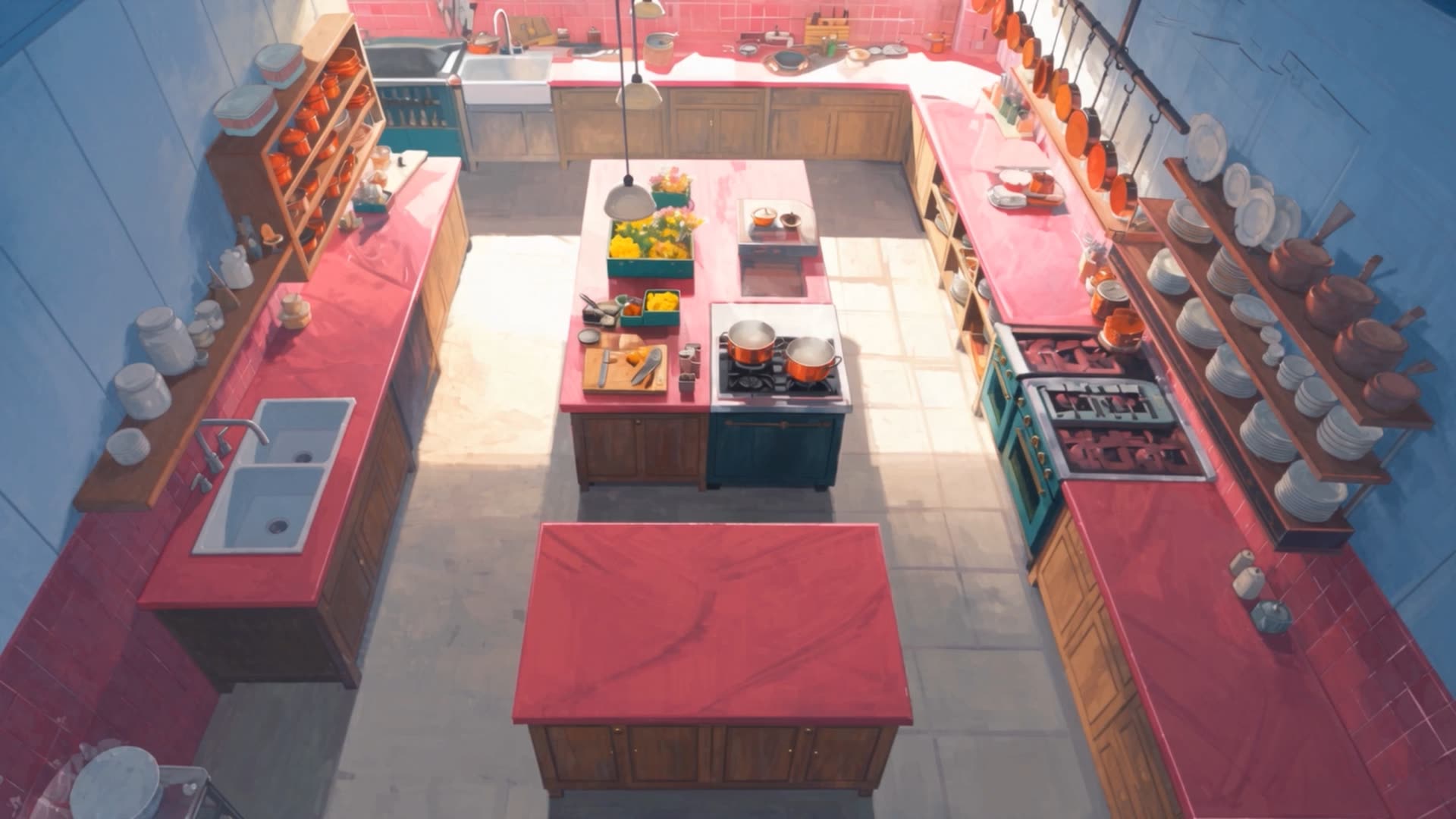 SERVICE — the kitchen set from above, before the cooks arrive