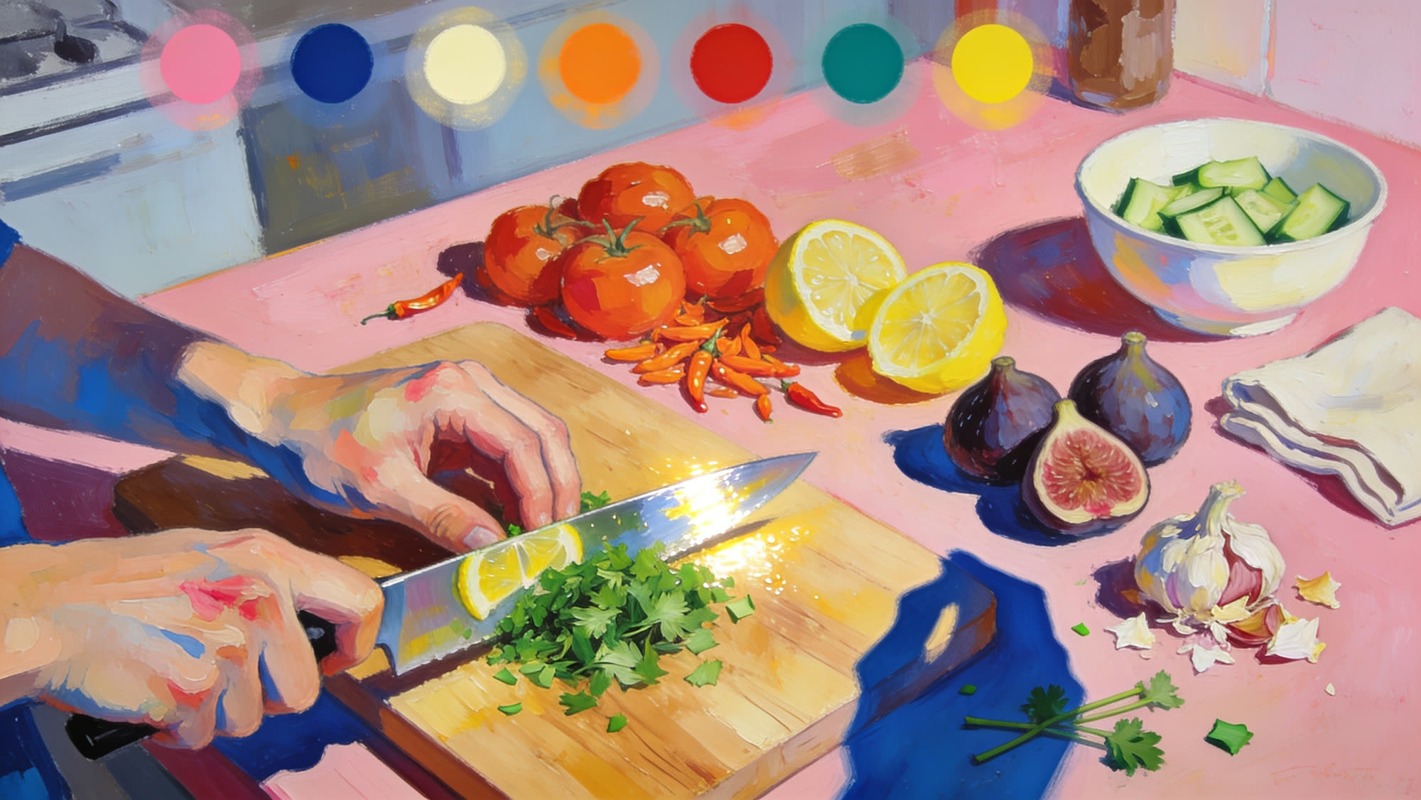 SERVICE — colour study, the film's palette over a cutting board