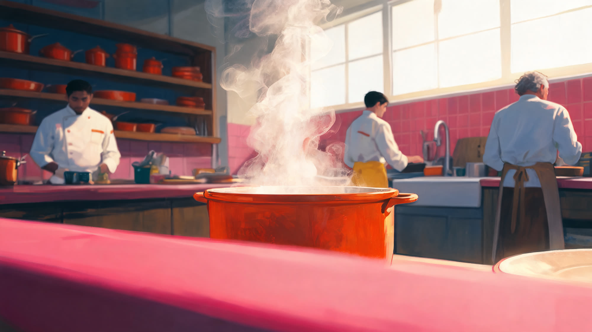 SERVICE — the kitchen at work, a pot steaming